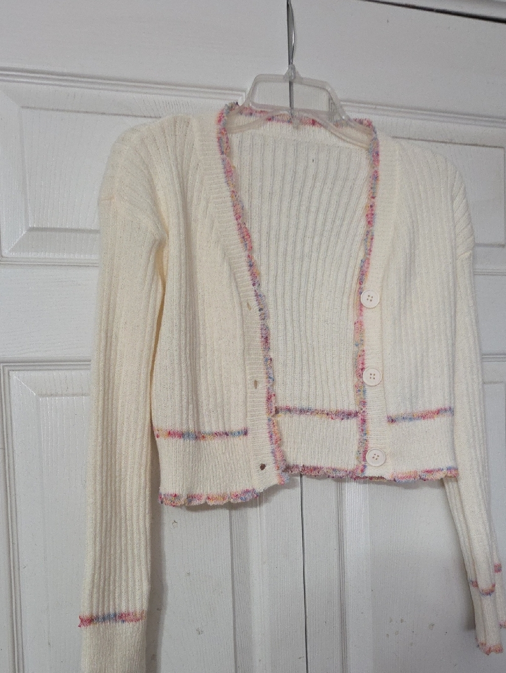 SHEIN Cream Ribbed Cardigan with Multicolor Trim